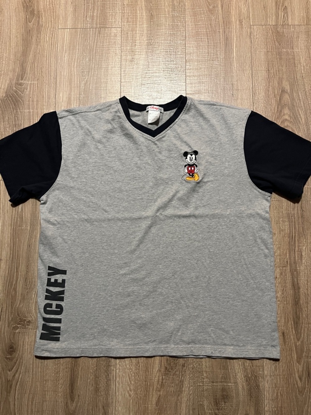 Vintage Disney Store Gray and Black V-Neck Tee w/ Embroidered Mickey Logo Sz XL
